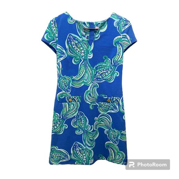 Lily Pulitzer Layton Blue Crush Shift Dress She Got Sole V-Neck Gold $198 XS - Picture 2 of 9